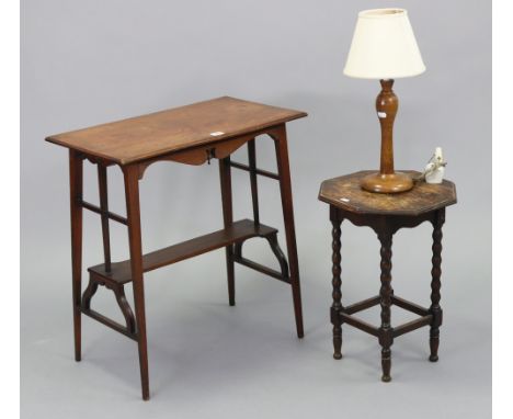 An Edwardian mahogany rectangular occasional table on square tapered legs with open undertier, 24” wide x 25½” high; together