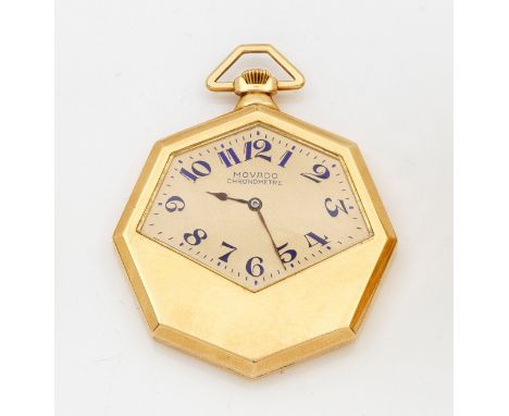 Art Déco-Taschenuhr von Movado-"Chronometre"Um 1930/1940. Gelbgold, gest. 18 k. Oktogonales Gehäuse mit halboffener Schauseit