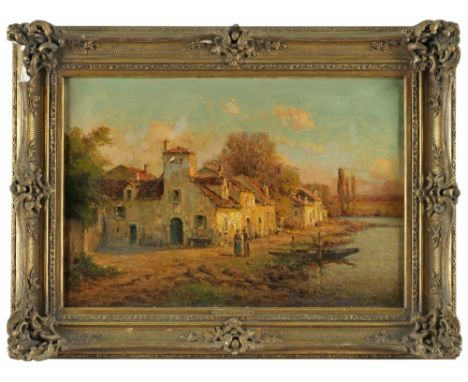 Pierre Jacques Pelletier(1869 Clermont-Ferrand - 1931 Paris) attr.;Abendstimmung in einem französischen Dorf am FlussAtmosphä