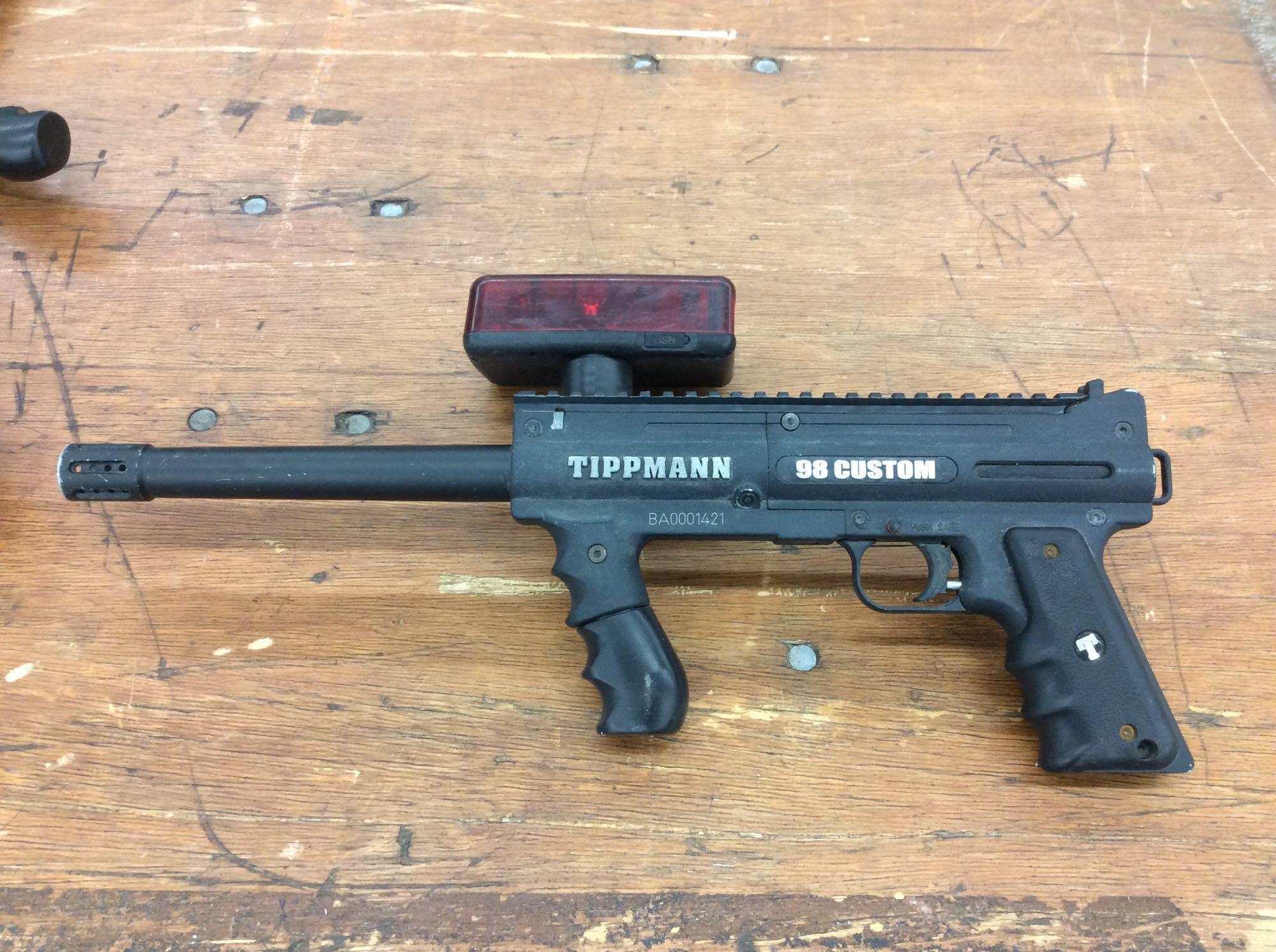 Lot of (11) Tippman 98 Custom paintball laser tag guns with storage