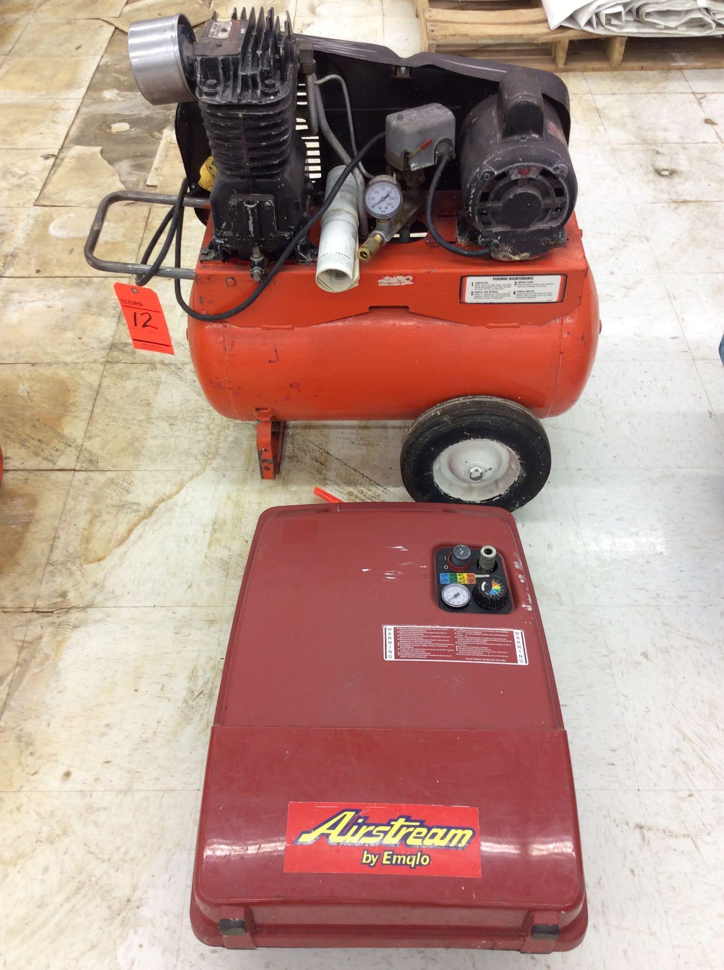 Lot Devilbiss 7gallon portable air compressor, and Emglo Airstream