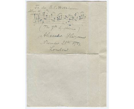 GLAZUNOV ALEXANDER (1865-1936) Russian Composer, Music Teacher and Conductor. A.M.Q.S., Alexander Glazunov, one page, 8vo, Lo