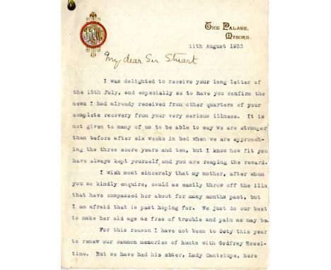KRISHNA RAJA WADIYAR IV: (1884-1940) Maharaja of Mysore 1894-1940. An informative T.L.S., Krishnaraja Wadiyar, five pages, 8v