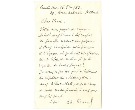 GOUNOD CHARLES: (1818-1893) French Composer. A.L.S., Ch. Gounod, one page, 8vo, St. Cloud, Paris, 16th October 1882, in Frenc