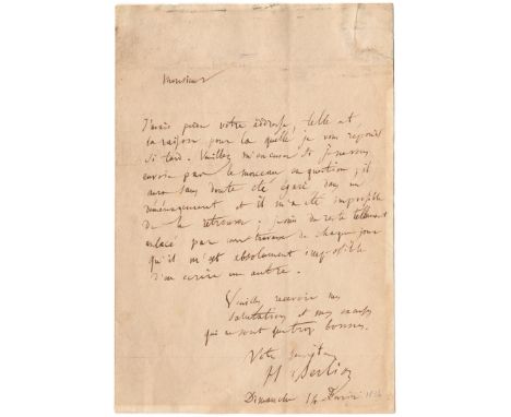 BERLIOZ HECTOR: (1803-1869) French Composer. A.L.S., H Berlioz, one page, 8vo, Paris, 14th February (1836), to Monsieur Reich