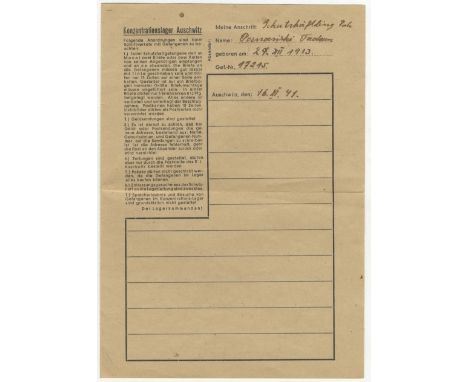 AUSCHWITZ: An A.L.S., Tadek [Poznanski], a Prisoner, two pages, 8vo (on the official printed folding stationery of Konzentrat