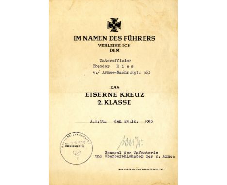 WEISS WALTER: (1890-1967) German General of World War II. D.S., Weiss, one page, 8vo, n.p., 24th December 1943, in German. Th