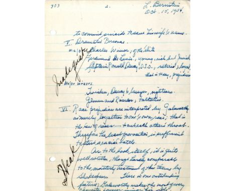 BERNSTEIN LEONARD: (1918-1990) American Conductor & Composer of Westside Story. Manuscript D.S., Leonard Bernstein, three pag