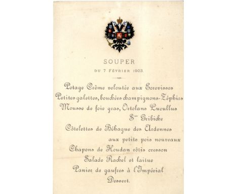 [NICHOLAS II]: (1868-1918) Emperor of Russia 1894-1917. A rare Imperial Russia printed 8vo supper menu card dated 7th Februar