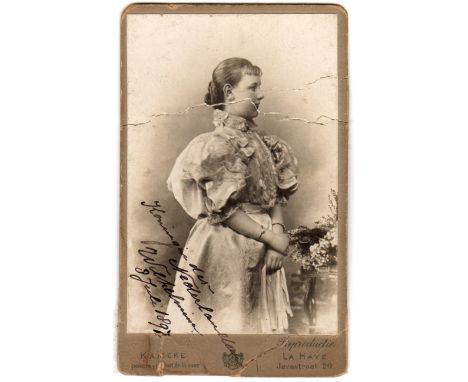 WILHELMINA: (1880-1962) Queen of the Netherlands 1890-1948. Vintage signed sepia 2 ½ x 4 carte de visite photograph of Wilhel