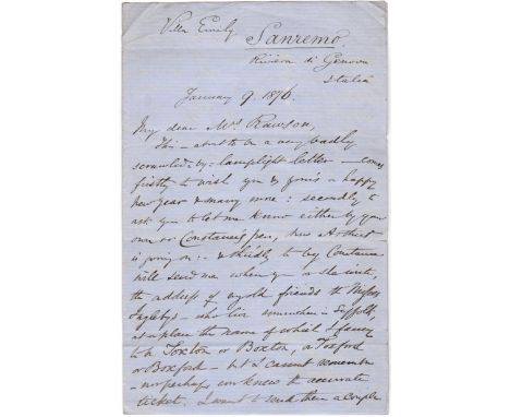 LEAR EDWARD: (1812-1888) English Artist, Illustrator and Poet. A.L.S., Edward Lear, four pages, 8vo, Villa Emily, Sanremo, 9t