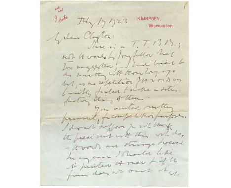 ELGAR EDWARD: (1857-1934) English Composer. A.L.S., Edward Elgar, two pages, 4to, Kempsey, Worcester, 17th July 1923, to [Hen