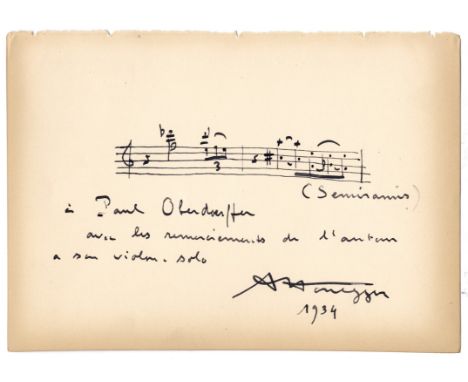 HONEGGER ARTHUR: (1892-1955) Swiss Composer. A.M.Q.S., A Honegger, one page, 8vo, n.p., n.d. (1934), to Paul Oberdoerffer, in