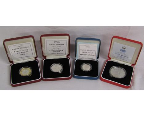 4 silver proof coins - 1998 &pound;2 coin, 1996 &pound;2 coin, 1998 &pound;1 coin, Golden wedding &pound;5 coin