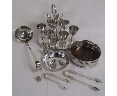 Collection of silver plate - wine bottle coaster, egg cruet set (2 bolts missing), sugar nips, large ladle and Reed and Barto