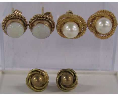 3 pairs of 9ct gold earrings includes pearl and opal&nbsp; - total weight 6.21g