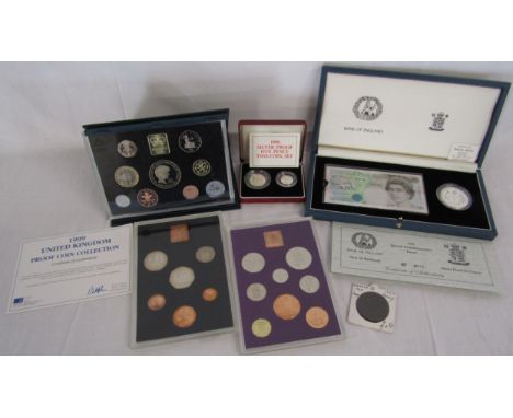 Royal Mint &pound;5 note and silver proof coin set, silver proof 5p two coin set, uncirculated 1970 and 1971 coin sets and 19