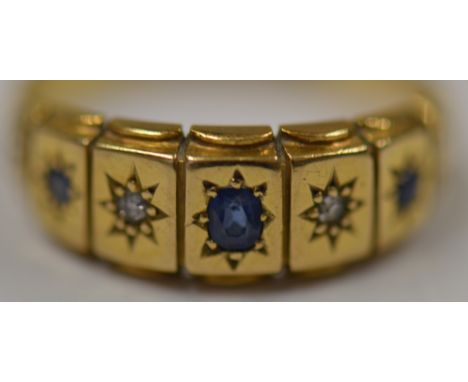 18ct gold 5 stone diamond and sapphire ring, 3.1g, size J