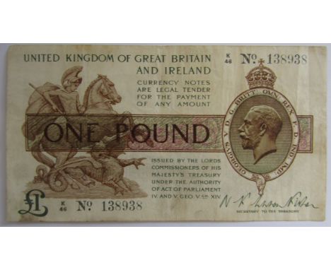 George V &pound;1 note No 138938 N K Warren Fisher Secretary to the Treasury