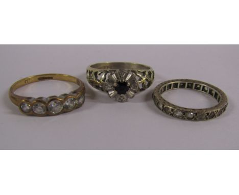 3 9ct gold rings flower set with diamond and sapphire (P),&nbsp; 5 set faux diamond (Q), white gold band with faux diamond (J