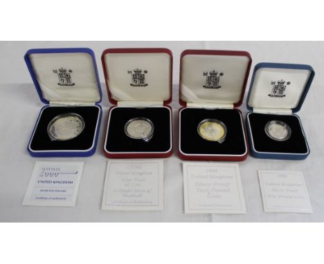 4 silver proof coins - 1998 &pound;2 coin, 1996 &pound;2 coin, 1998 &pound;1 coin, Millennium &pound;5 coin