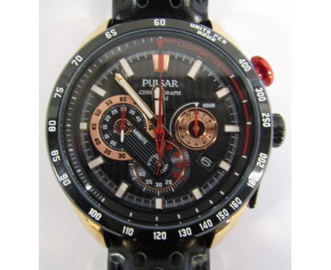 Pulsar Chronograph 100M watch with leather strap &amp; box