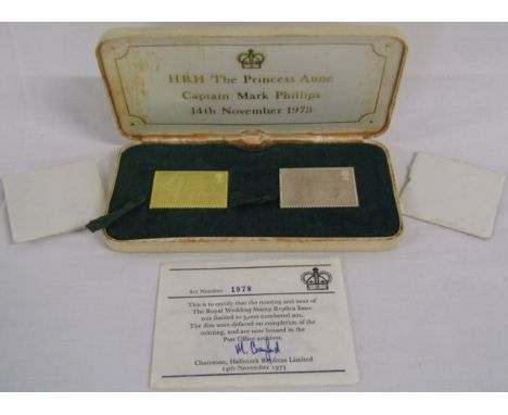 Cased set HRH Princess Anne &amp; Captain Mark Phillips 14th November 1973 limited edition 1978/3000 stamp replicas 22ct gold