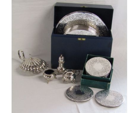 Silver plated coasters and place mats, oyster shell butter dish and cruet set