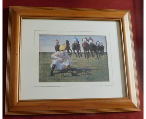 Horse Racing framed print, depicts a jockey who has fallen off his horse mid-race. By M Couillard, framed and glazed. Buyer c