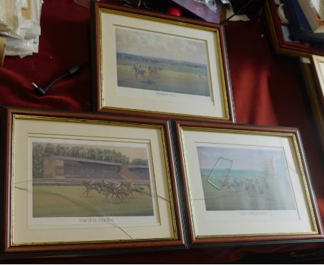 Horse racing prints (3) including The July course (cracked glass), The Rowley Mile (cracked glass) and Warren Hill intact, al