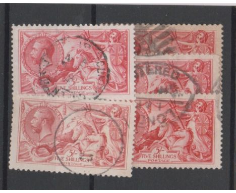 Great Britain 1919 - 5/- Red x5, Bradbury Nickinson Print, SG416, Good very fine, some nice shades and cancels