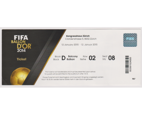 Ticket for the 2014 Balon D'Or Presentation in Zurich won by Cristiano Ronaldo. 