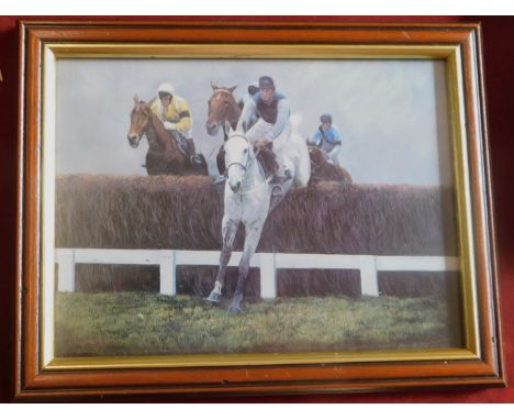 Horse racing framed print, depicts Horses jumping over hurdles by J. Marshall. Framed and glazed, buyer collects. 