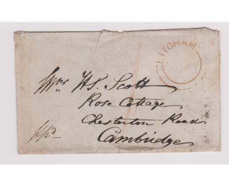 Great Britain 1845 - Damaged envelope posted to Cambridge undated red 2 ring Litcham cancel, black Cambridge/Dec19/1845 cance