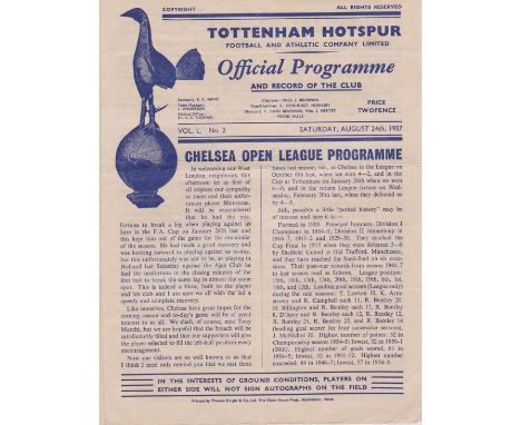 Tottenham Hotspur v Chelsea 24th August 1957 programme. Signed by Jimmy Greaves on his 1st team debut for Chelsea.