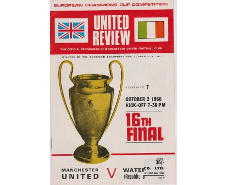 European Cup 1st Round 2nd Leg between Manchester United and Waterford 2nd October 1968. Official programme and seat ticket