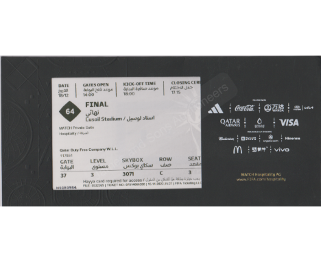 Ticket World Cup Final France v Argentina in Qatar 18th December 2022. In Official holder. Traditional tickets were very hard