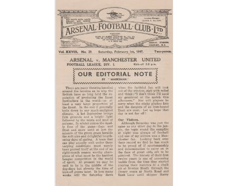 Arsenal v Manchester United February 1st 1947, 4 Page Programme. Score, scorers and team changes inserted. Good condition 
