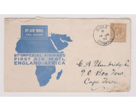 Great Britain 1932 - Illustrated airmail envelope for 1st Imperial Airways Airmail England-Africa, posted to Cape Town cancel