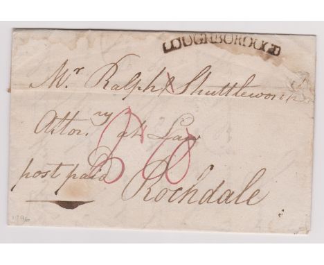 Great Britain 1796 - Postal History EL dated 3rd Feb 1796 Loughborough posted to Rochdale, manuscript post paid Conoex Loughb