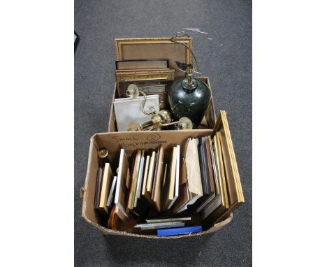 A box of antique and later picture frames, framed certificates of merit, pottery table lamp, brass three way chandelier 