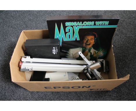 A box of Max Bygraves boxed set, camera tripod, digital organiser, telephone conversation recorder 