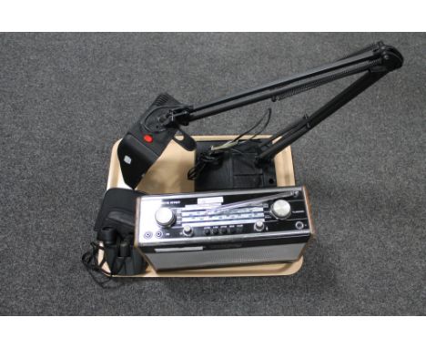 A Roberts R707 radio together with a magnifying angle lamp and pair of Canon binoculars 