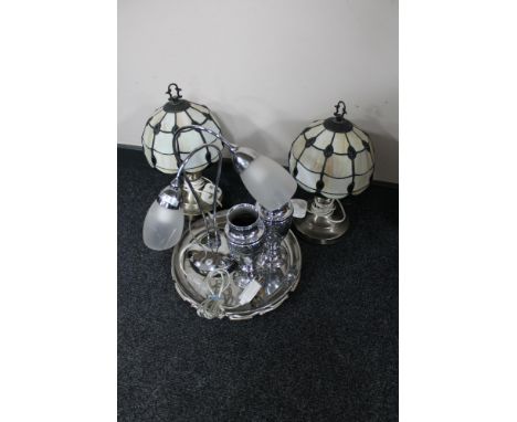 Three plated trays, pair of plated vases, pair of Tiffany style touch lamps and a further chrome lamp 