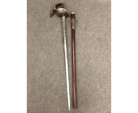 A George V 1897 pattern infantry officer's sword, in leather scabbard with leather acorn. * Property of Lt Cl. K. C. Booker (