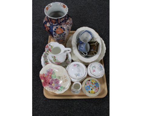 A tray of Japanese Imari vase, antique blue and white dish, trinket pots by Aynsley etc  