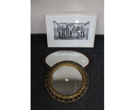 A signed framed Robert Olley limited edition print Westoe Netty 100/100, together with a circular gilt framed chalk mirror an