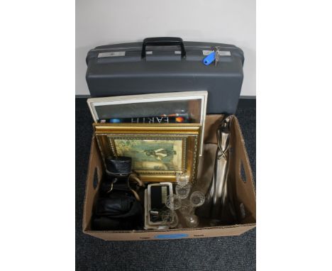 A Elsey hard shell luggage case together with a box of vintage camera, binoculars, hip flask, crystal glasses, Leonardo figur