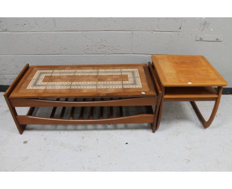 A 20th century teak tiled coffee table together with a Nathan teak lamp table 