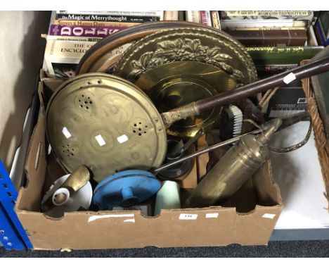 A box of brass bed warming pan, copper plates and plaques, vintage auto minimax fire extinguisher, enamelled candle holders 